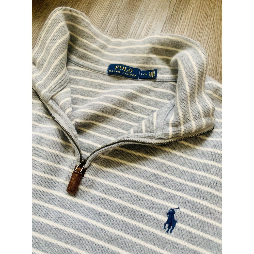 Polo Ralph Lauren Men’s L  1/4 Zip Sweater Gray White Stripe Logo Preppy Coastal